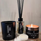 a lovely gift box containing a glass reed diffuser, a matt glass jar containing a scented candle a pack of wax melts and a copper tin candle all scented with fresh linen